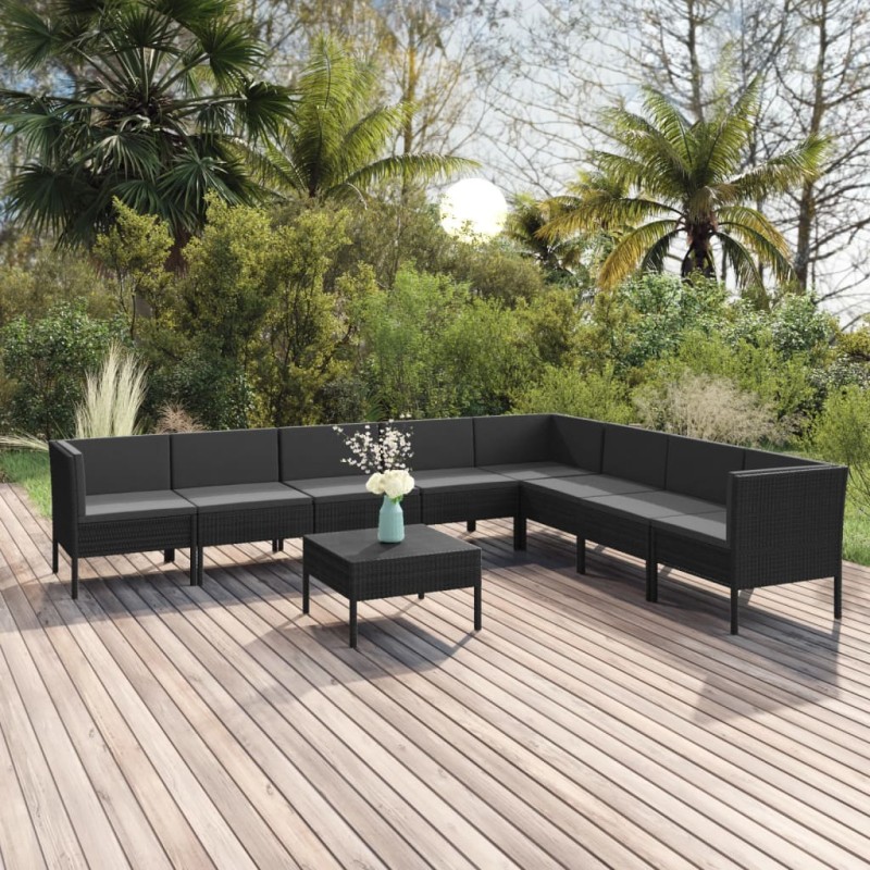 vidaXL 9-tlg. Garten-Lounge-Set mit Auflagen Poly Rattan Schwarz vidaXL 9-tlg. Garten-Lounge-Set mit Auflagen Poly Rattan Schwarz