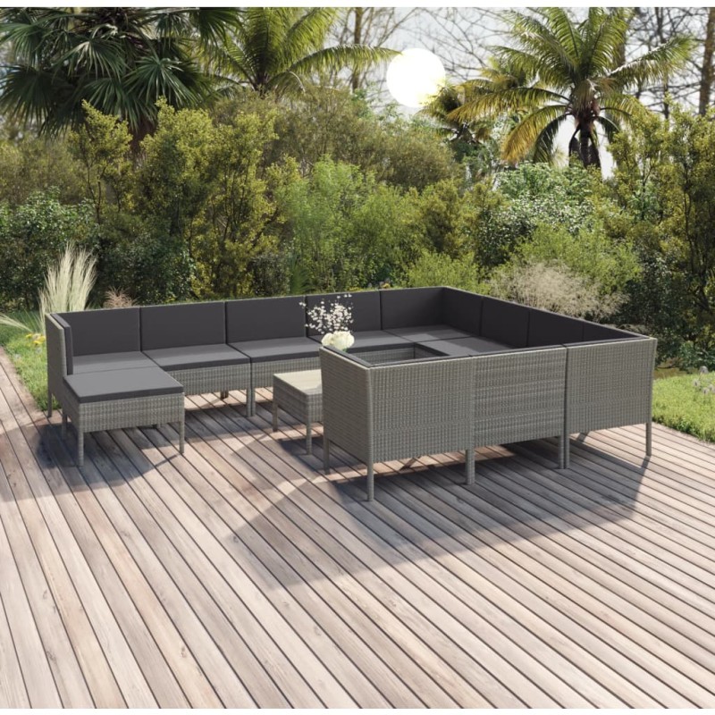 vidaXL 12-tlg. Garten-Lounge-Set mit Auflagen Poly Rattan Grau vidaXL 12-tlg. Garten-Lounge-Set mit Auflagen Poly Rattan Grau