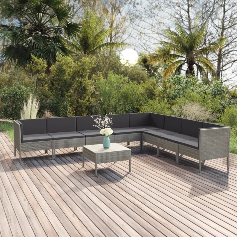 vidaXL 9-tlg. Garten-Lounge-Set mit Auflagen Poly Rattan Grau vidaXL 9-tlg. Garten-Lounge-Set mit Auflagen Poly Rattan Grau
