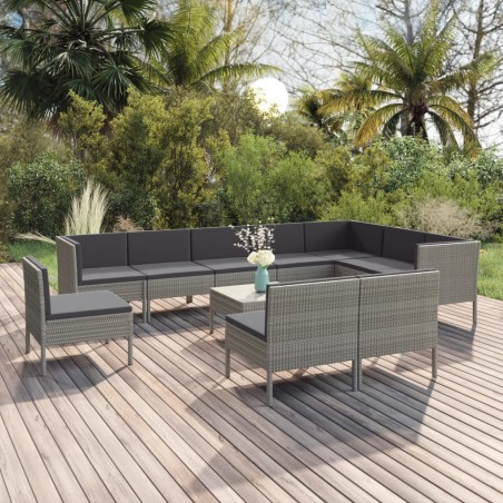 vidaXL 11-tlg. Garten-Lounge-Set mit Auflagen Poly Rattan Grau