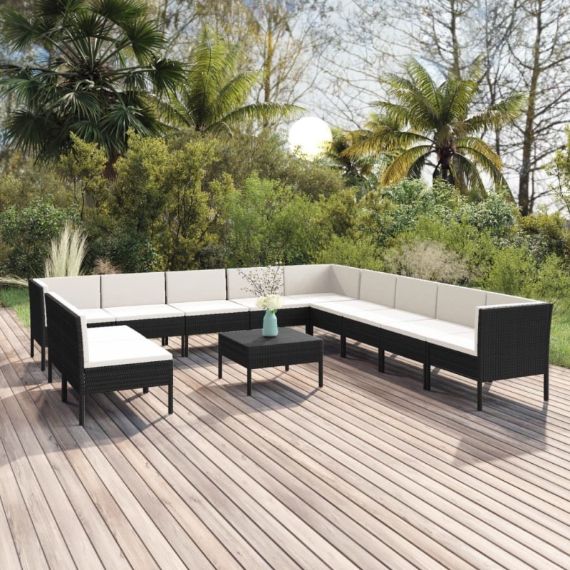vidaXL 12-tlg. Garten-Lounge-Set mit Auflagen Poly Rattan Schwarz vidaXL 12-tlg. Garten-Lounge-Set mit Auflagen Poly Rattan Schwarz