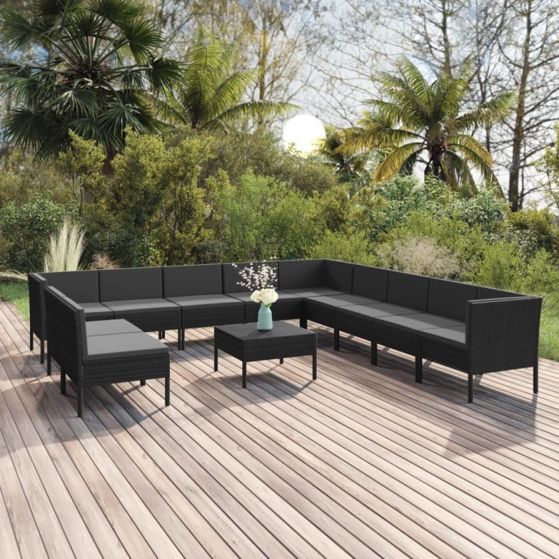 vidaXL 12-tlg. Garten-Lounge-Set mit Auflagen Poly Rattan Schwarz vidaXL 12-tlg. Garten-Lounge-Set mit Auflagen Poly Rattan Schwarz