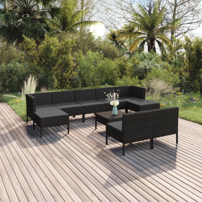 vidaXL 10-tlg. Garten-Lounge-Set mit Auflagen Poly Rattan Schwarz vidaXL 10-tlg. Garten-Lounge-Set mit Auflagen Poly Rattan Schwarz