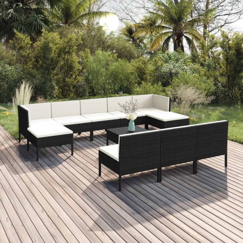 vidaXL 11-tlg. Garten-Lounge-Set mit Auflagen Poly Rattan Schwarz vidaXL 11-tlg. Garten-Lounge-Set mit Auflagen Poly Rattan Schwarz