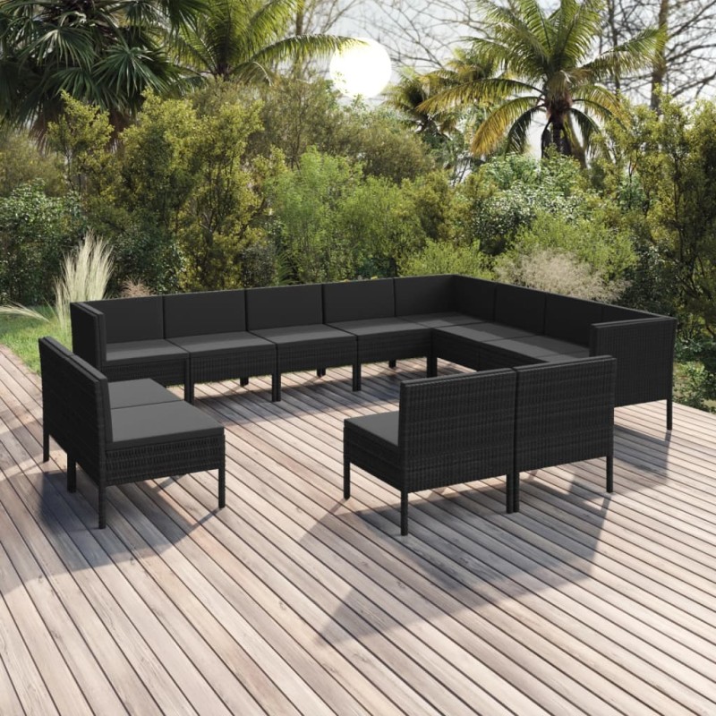 vidaXL 12-tlg. Garten-Lounge-Set mit Auflagen Poly Rattan Schwarz vidaXL 12-tlg. Garten-Lounge-Set mit Auflagen Poly Rattan Schwarz