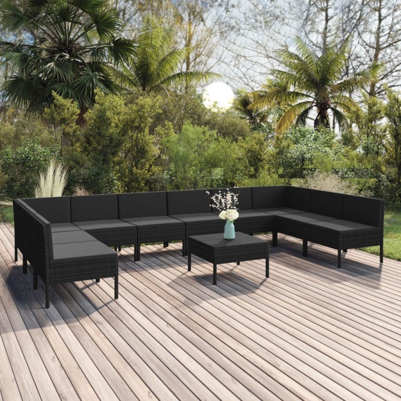 vidaXL 11-tlg. Garten-Lounge-Set mit Auflagen Poly Rattan Schwarz vidaXL 11-tlg. Garten-Lounge-Set mit Auflagen Poly Rattan Schwarz