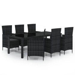 vidaXL 7-tlg. Garten-Essgruppe mit Auflagen Poly Rattan Schwarz