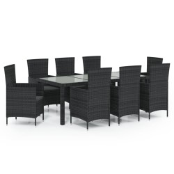 vidaXL 9-tlg. Garten-Essgruppe mit Kissen Poly Rattan Schwarz