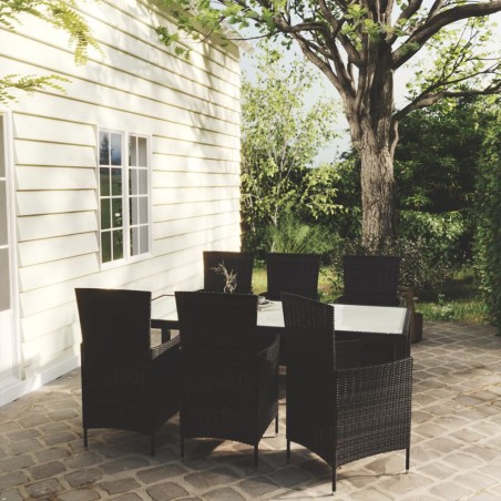vidaXL 7-tlg. Garten-Essgruppe mit Auflagen Poly Rattan Schwarz