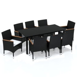 vidaXL 9-tlg. Garten-Essgruppe mit Kissen Poly Rattan Schwarz