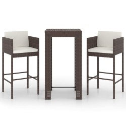 vidaXL 3-tlg. Gartenbar-Set mit Kissen Poly Rattan Braun