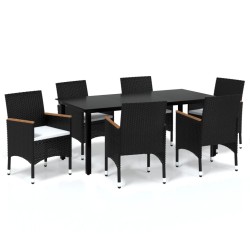 vidaXL 7-tlg. Garten-Essgruppe mit Kissen Poly Rattan Schwarz