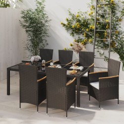 vidaXL 7-tlg. Garten-Essgruppe mit Auflagen Poly Rattan Schwarz