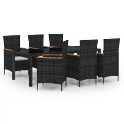 vidaXL 7-tlg. Garten-Essgruppe mit Auflagen Poly Rattan Schwarz