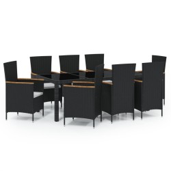 vidaXL 9-tlg. Garten-Essgruppe mit Kissen Poly Rattan Schwarz