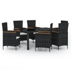 vidaXL 7-tlg. Garten-Essgruppe mit Auflagen Poly Rattan Schwarz
