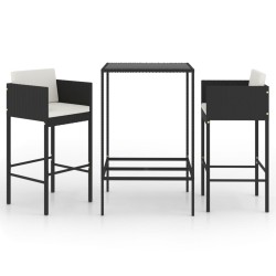 vidaXL 3-tlg. Gartenbar-Set mit Kissen Poly Rattan Schwarz