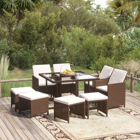 vidaXL 9-tlg. Garten-Essgruppe mit Kissen Poly Rattan Braun