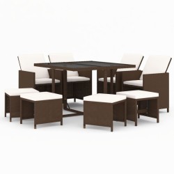 vidaXL 9-tlg. Garten-Essgruppe mit Kissen Poly Rattan Braun