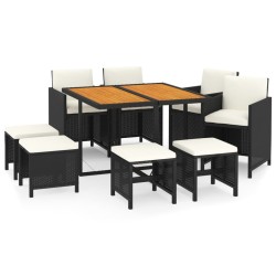 vidaXL 9-tlg. Garten-Essgruppe mit Kissen Poly Rattan Schwarz