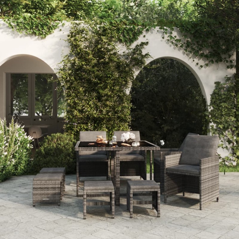 vidaXL 9-tlg. Garten-Essgruppe mit Auflagen Poly Rattan Grau vidaXL 9-tlg. Garten-Essgruppe mit Auflagen Poly Rattan Grau