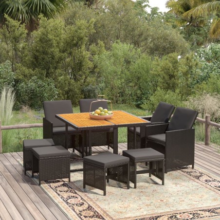 vidaXL 9-tlg. Garten-Essgruppe mit Kissen Poly Rattan Schwarz