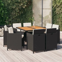 vidaXL 9-tlg. Garten-Essgruppe mit Kissen Poly Rattan Schwarz