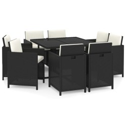 vidaXL 9-tlg. Garten-Essgruppe mit Auflagen Poly Rattan Schwarz