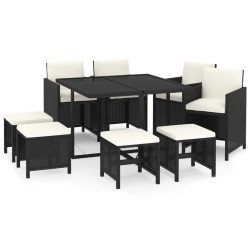 vidaXL 9-tlg. Garten-Essgruppe mit Kissen Poly Rattan Schwarz