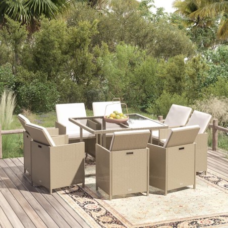 vidaXL 9-tlg. Garten-Essgruppe mit Kissen Poly Rattan Beige