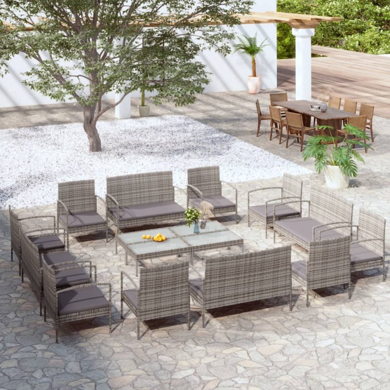 vidaXL 16-tlg. Garten-Lounge-Set mit Auflagen Poly Rattan Grau vidaXL 16-tlg. Garten-Lounge-Set mit Auflagen Poly Rattan Grau