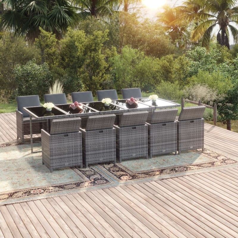 vidaXL 11-tlg. Garten-Essgruppe mit Kissen Poly Rattan Grau vidaXL 11-tlg. Garten-Essgruppe mit Kissen Poly Rattan Grau
