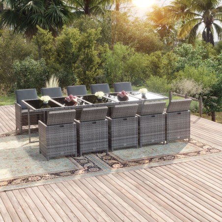 vidaXL 11-tlg. Garten-Essgruppe mit Kissen Poly Rattan Grau