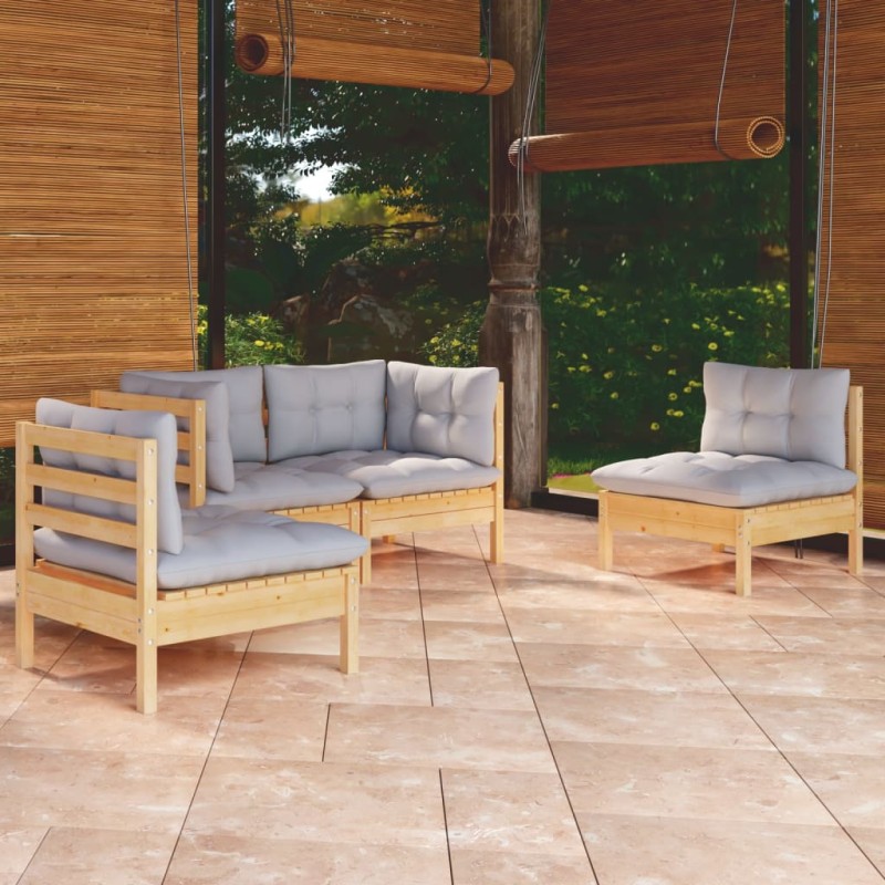 vidaXL 4-tlg. Garten-Lounge-Set mit Grauen Kissen Kiefer Massivholz vidaXL 4-tlg. Garten-Lounge-Set mit Grauen Kissen Kiefer Massivholz