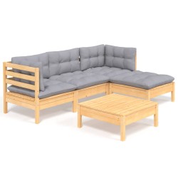 vidaXL 5-tlg. Garten-Lounge-Set mit Grauen Kissen Kiefernholz