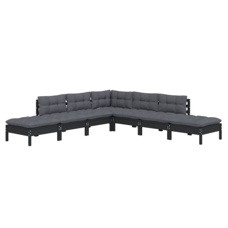 vidaXL 7-tlg. Garten-Lounge-Set mit Kissen Schwarz Kiefernholz
