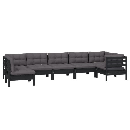 vidaXL 7-tlg. Garten-Lounge-Set mit Kissen Schwarz Kiefernholz