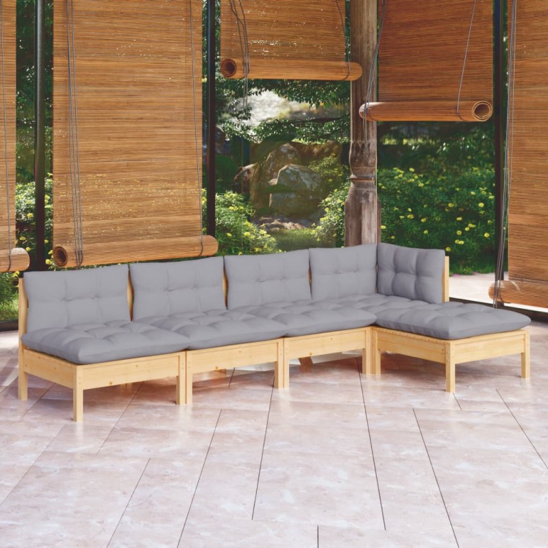 vidaXL 5-tlg. Garten-Lounge-Set mit Grauen Kissen Kiefernholz vidaXL 5-tlg. Garten-Lounge-Set mit Grauen Kissen Kiefernholz