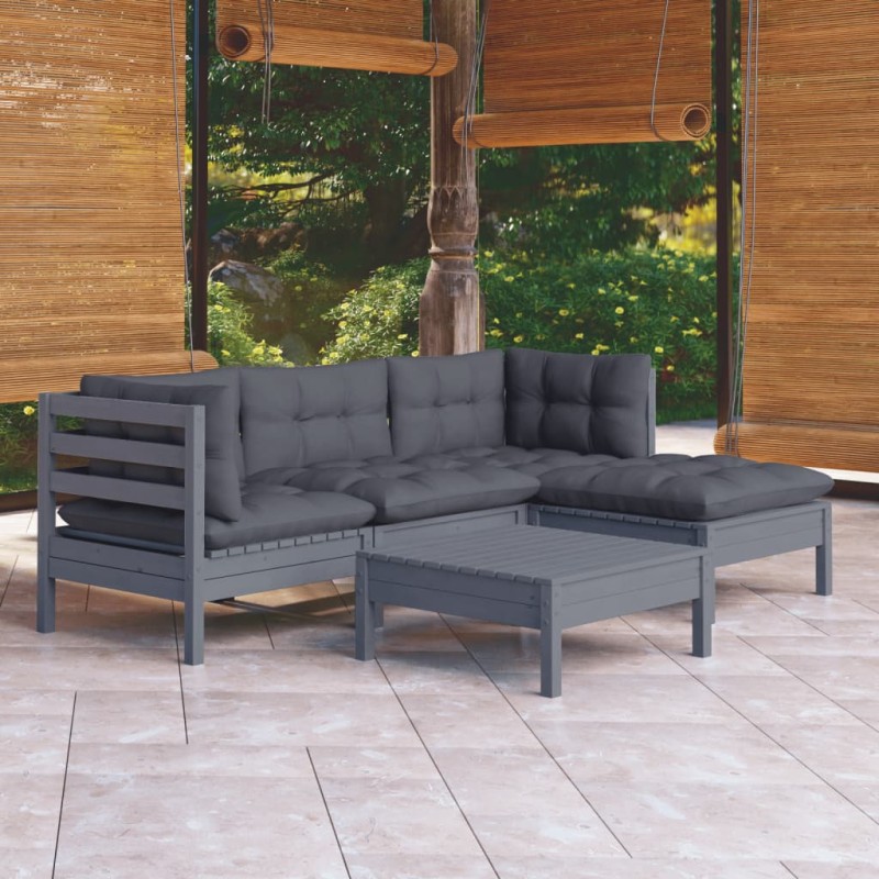 vidaXL 5-tlg. Garten-Lounge-Set mit Kissen Grau Kiefernholz vidaXL 5-tlg. Garten-Lounge-Set mit Kissen Grau Kiefernholz