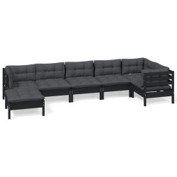 vidaXL 7-tlg. Garten-Lounge-Set mit Kissen Schwarz Massivholz Kiefer