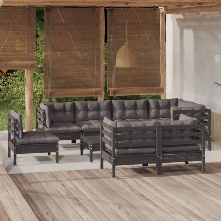 vidaXL 9-tlg. Garten-Lounge-Set mit Kissen Schwarz Massivholz Kiefer