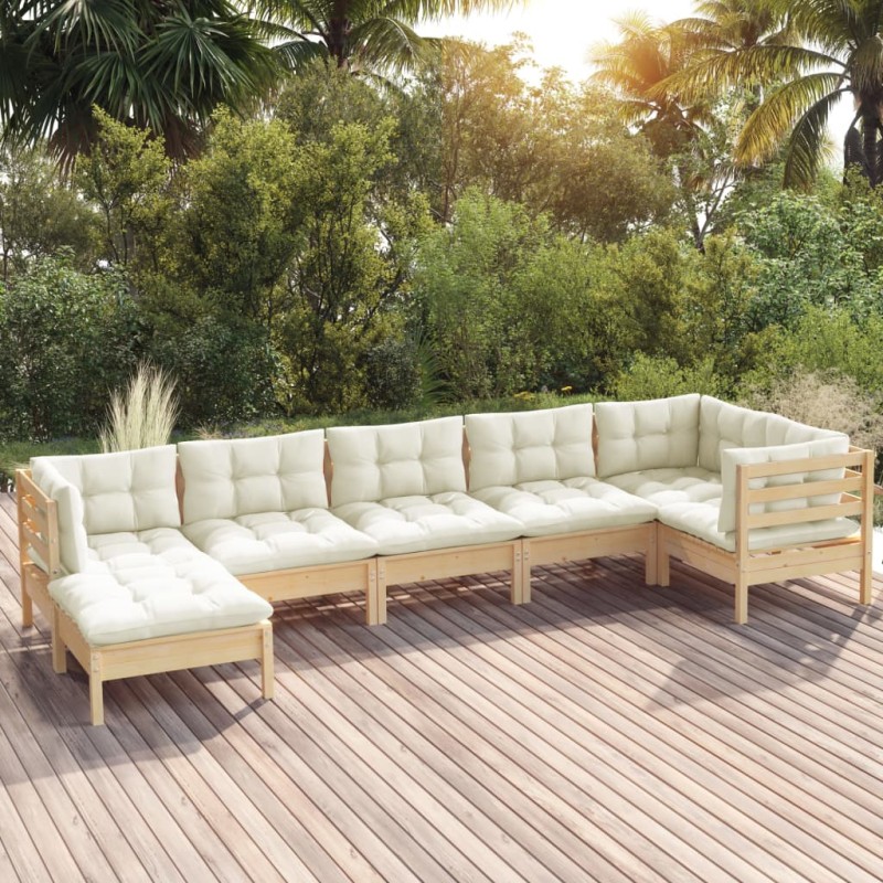 vidaXL 7-tlg. Garten-Lounge-Set mit Creme Kissen Massivholz Kiefer vidaXL 7-tlg. Garten-Lounge-Set mit Creme Kissen Massivholz Kiefer