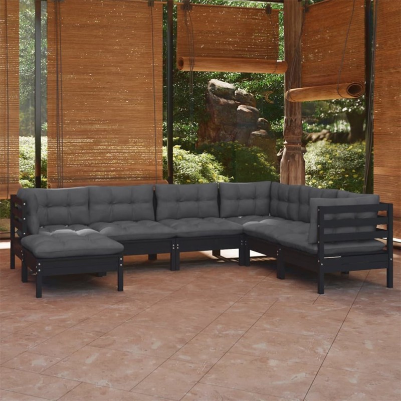 vidaXL 7-tlg. Garten-Lounge-Set mit Kissen Schwarz Massivholz Kiefer vidaXL 7-tlg. Garten-Lounge-Set mit Kissen Schwarz Massivholz Kiefer
