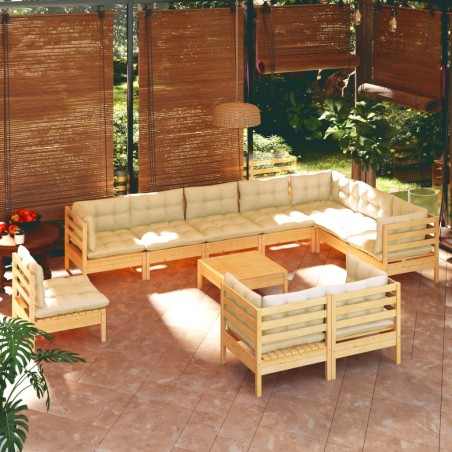 vidaXL 11-tlg. Garten-Lounge-Set mit Creme Kissen Massivholz Kiefer