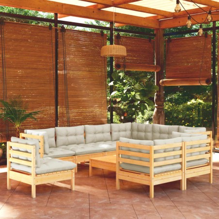 vidaXL 10-tlg. Garten-Lounge-Set mit Creme Kissen Massivholz Kiefer