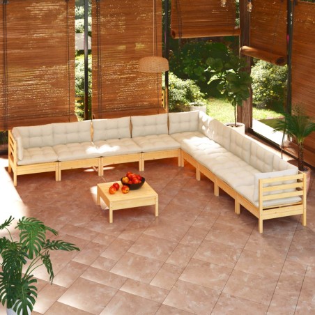 vidaXL 10-tlg. Garten-Lounge-Set mit Creme Kissen Massivholz Kiefer