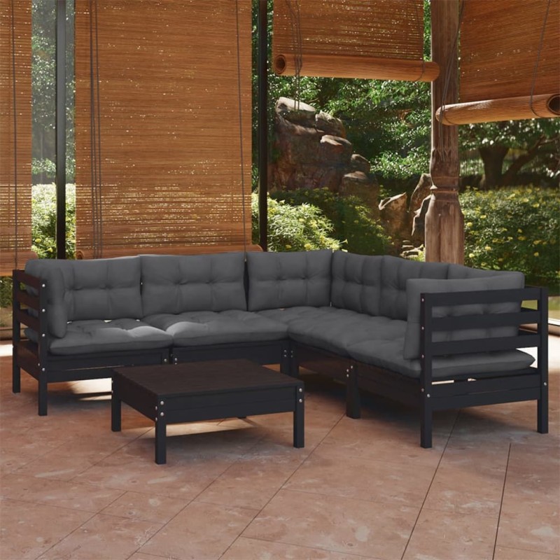 vidaXL 6-tlg. Garten-Lounge-Set mit Kissen Schwarz Massivholz Kiefer vidaXL 6-tlg. Garten-Lounge-Set mit Kissen Schwarz Massivholz Kiefer