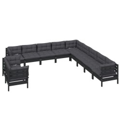 vidaXL 11-tlg. Garten-Lounge-Set mit Kissen Schwarz Massivholz Kiefer