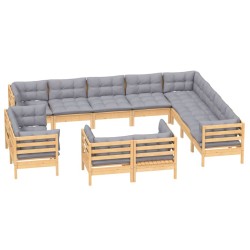 vidaXL 12-tlg. Garten-Lounge-Set mit Grauen Kissen Massivholz Kiefer
