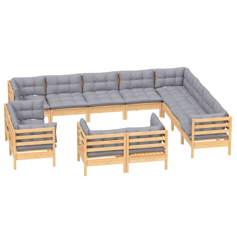 vidaXL 12-tlg. Garten-Lounge-Set mit Grauen Kissen Massivholz Kiefer vidaXL 12-tlg. Garten-Lounge-Set mit Grauen Kissen Massivholz Kiefer